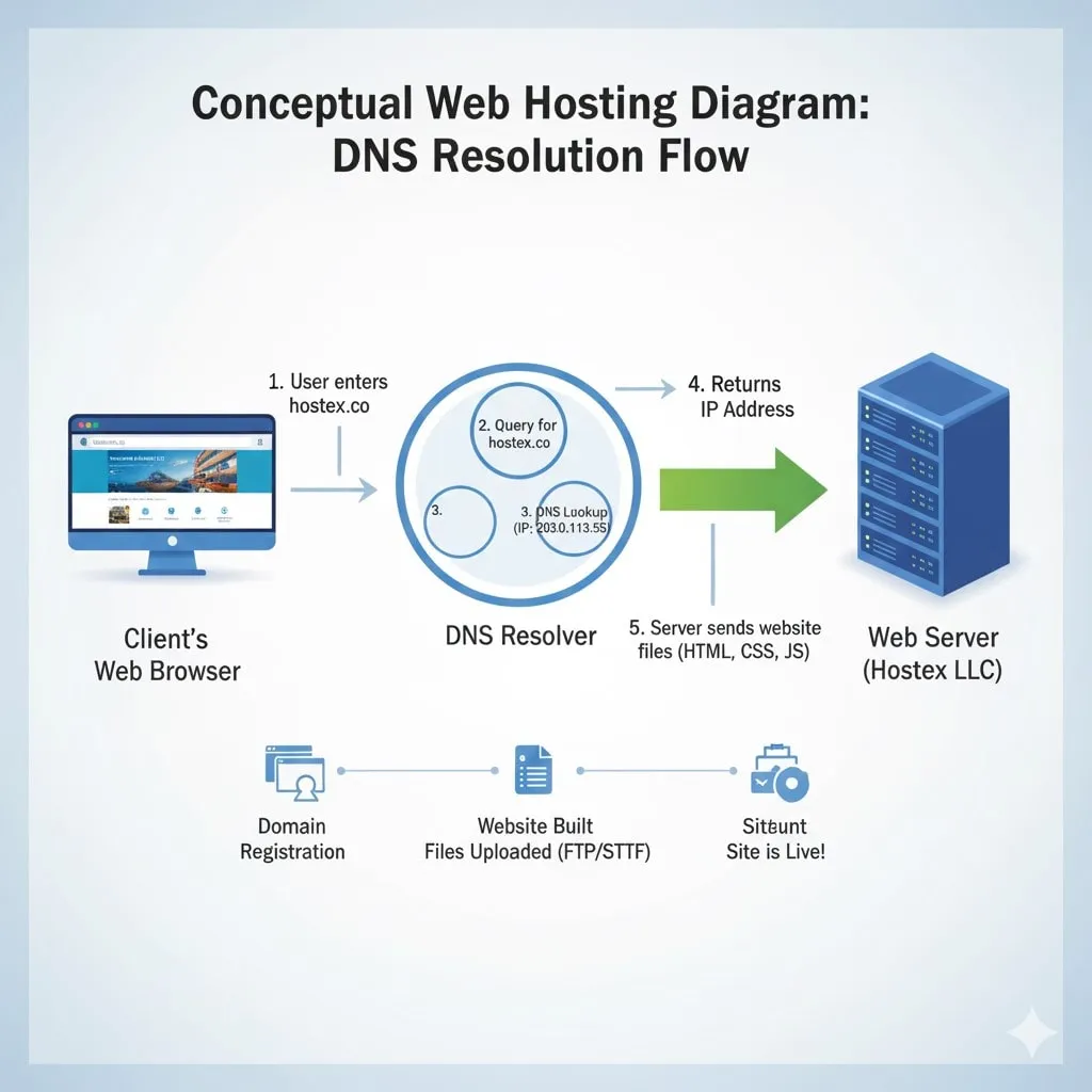 Web Hosting Concept Diagram illustrating client, DNS, and server interaction